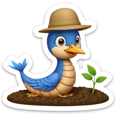 a blue bird wearing a hat, standing on a worm sticker