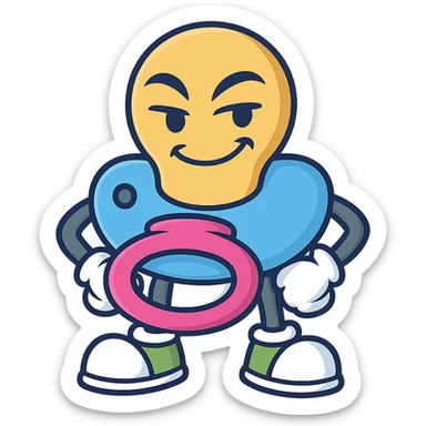 Create the pacifier character in a hands-on-hips pose, smirking mischievously, keeping the same style, colors, and personality as the reference image. Transparent background. sticker