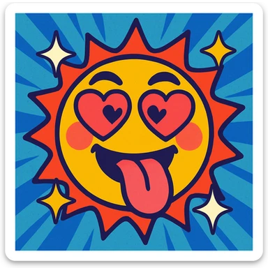 Add sparkles and a comic-style pop effect to the vibrant toon face with heart eyes, tongue out, eyes crossed, blushing, silly expression. sticker