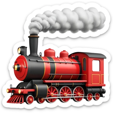 A 3D cartoon classic steam locomotive with a chimney releasing smoke, red and black body, bright sky background, Memoji-style rendering. sticker