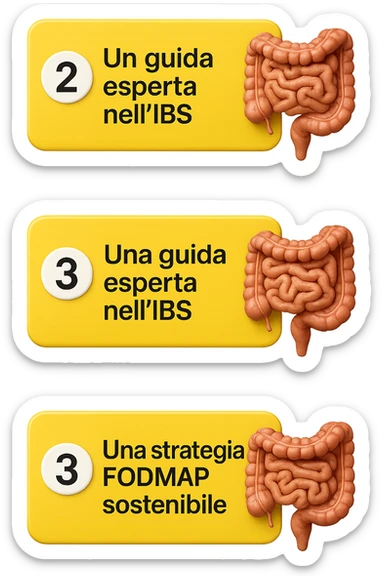 emoji stile iphone di 3 targhette numerate con intestino realistico davanti ad ogni targhetta, le targhette sono:
"1 – Un piano chiaro e strutturato
2 – Una guida esperta nell’IBS
3 – Una strategia FODMAP sostenibile"
, iperrealistico 4k sticker