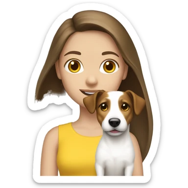 Brunette Long haired white girl wearing yellow top with jack russell sticker