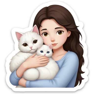 Brunette girl snuggling fluffy white cat sticker