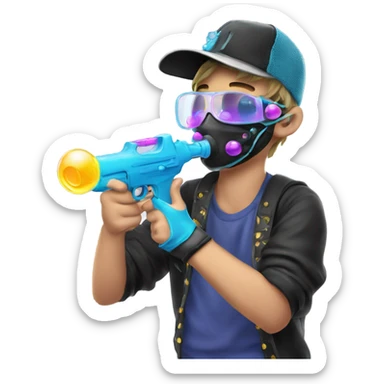 Caucasian boy in rave gear with mask and hat and shooting a bubble gun sticker