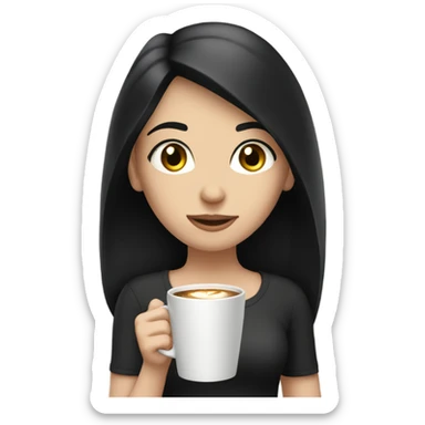 a girl with straight black hair, pale skin and hazel eyes holding a cup of coffe sticker