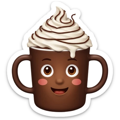 “hot chocolate emoji, whipped cream on top, chocolate shavings, cute, minimal, white background” sticker