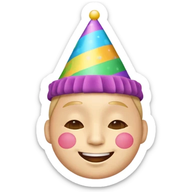 birthday face emoji, smiling with closed eyes, wearing a colorful party hat sticker