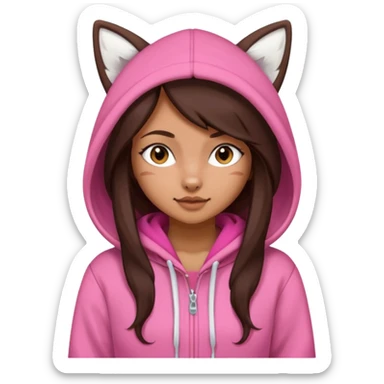 Girl with long dark brown hair wearing a pink white fox hoodie sticker