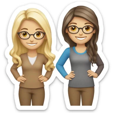 Smiling women, on the left side blonde with blue eyes and middle length straight hair and on tve right brunette with wavy hair, brown eyes and brown glasses, smiling and holding hands sticker