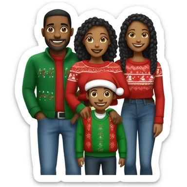 Black family of four members with Dad, Mom, Son, and Daughter. The Son and Daughter are teenagers. The Mom has braids. The Dad is light skinned.All family members are wearing Christmas sweaters and Santa hats.  sticker
