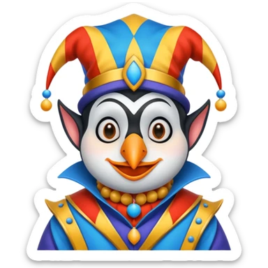 crazy colorful cute penguin jolly joker, medieval, vintage, court jester, mac os icon, blue color sticker