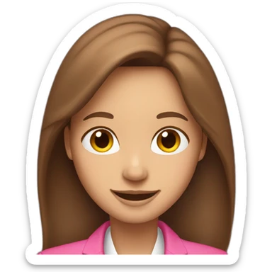 Woman with long brown hair, pretty smile, dressed with a pink blazer sticker