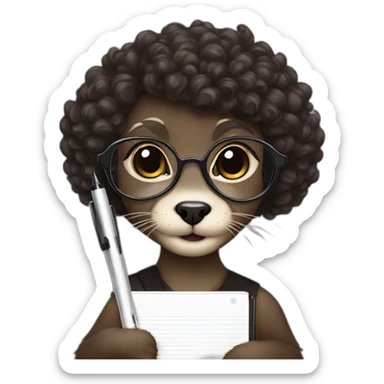 female Otter with round glasses and black curly hair holding a couple journals and a pen sticker