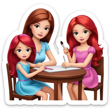 A Barbie girl with makeup, with long dark brown hair, with a child, a daughter with red hair, sitting at a table sticker