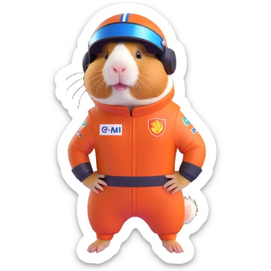 adorable guinea pig dressed in a Formula 1 racing suit and helmet, full body, cheerful expression sticker