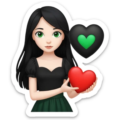 Pale girl with long black hair and dark green eyes wearing black dress and holding black heart sticker