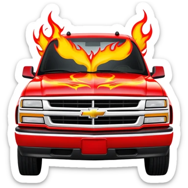 1997 yellow Chevrolet Silverado with detailed custom airbrushed red flame artwork spreading across hood and front, movie-accurate Kill Bill design, 30-degree angle, iOS emoji style sticker