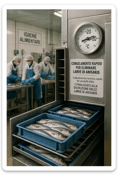 a fish processing facility where freshly caught fish are placed on trays and moved into a large industrial freezer. A temperature gauge shows -20°C, and an educational label explains that rapid freezing (abbattimento) is used to kill Anisakis larvae. The background includes workers in protective clothing and clear signage about food safety. in italiano sticker