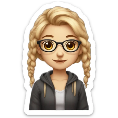 Cute girl with rus hair with glasses and steel brackets on teth eat sinabone sticker