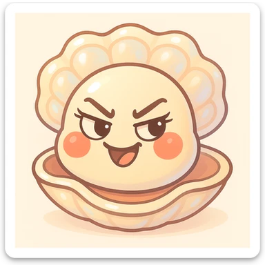 Enhance the cute oyster by making the pastel background more subtle and luminous, adding pearly reflections on the shell, accentuating the softness of the red cheeks, enriching the pastel toon details, keeping the mischievous expression, preserving the creamy, peach, and greige texture, emphasizing the volume of the shell, and adding pretty eyelashes. sticker