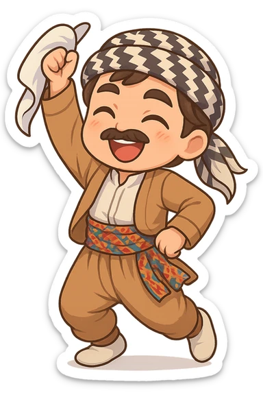 Create a colorful and cheerful Kurdish cartoon sticker in chibi style. Show the traditional Kurdish clothing and a dancing pose. The background should be transparent. Suitable for WhatsApp and Instagram. sticker