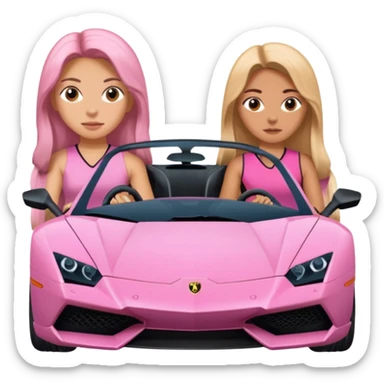Make car far away so I can see full car Car facing forward in sports car. Make hair long  two girls in car far away Front of car sitting in the seats. Make it a pink sports car. They are two baddies make it a Lamborghini pink car  sticker