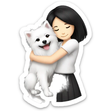Japanese spitz dog hug black hair girl sticker