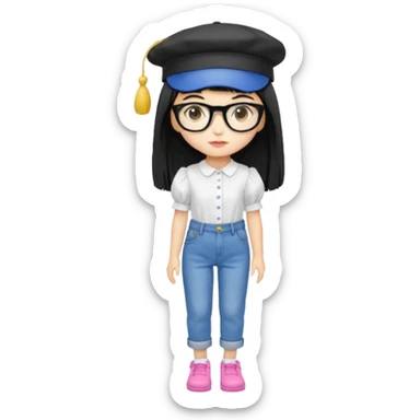 A yellow-skinned girl with long straight black hair, flat bangs, black frame glasses, a white puffy sleeve doll shirt, blue spacious jeans and pink shoes, and a black painter's hat，no yellow spikes. sticker