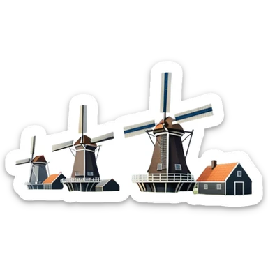 Cinematic Realistic Kinderdijk Windmills Landmark Emoji, depicted as a row of classic Dutch windmills set against a serene sky rendered with detailed textures and soft natural lighting. sticker