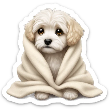 really sad crying maltipoo puppy in blanket cuddled up sticker
