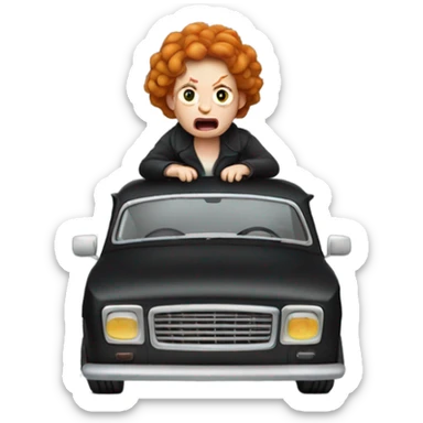 An angry ginger woman in a small old black car  sticker