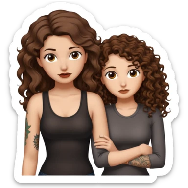 whisper plan — long wavy brown hair tattooed woman and short tight curly brown hair woman — leaning close plotting sticker