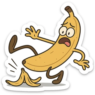 A banana slipping on a peel, cartoon style, funny expression sticker