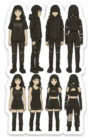 outfit designs for a VTUBER OC. The style is mixed 90's grunge, punk, lots of black and white in the color scheme, futuristic aesthetic. Clothing has small rips and tears from wear, logos and designs are faded. Garage, Shoegaze, postmodern style. character design concept art outfits for a female. [[FUTUREPUNK CYBERGOTH]] front on view, not 3/4 angle or any angle, perfect front, front and back view of each design,  sticker