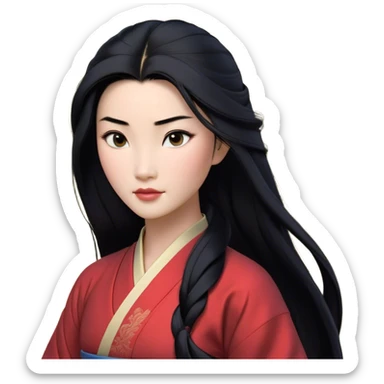 Cinematic Realistic Mulan Portrait, depicted with lifelike skin texture, soft natural lighting, and intricately detailed long black hair styled elegantly. Her deep, expressive eyes exude determination and grace, complemented by a serene yet confident expression. She is dressed in her classic attire, with rich fabric textures and delicate folds that catch the light beautifully. The portrait features a soft, enchanting glow with a natural, radiant finish, capturing the essence of timeless strength and beauty in a realistic and painterly style, evoking a sense of depth and authenticity. sticker