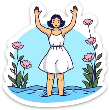 Ophelia floating in water surrounded by flowers, woman in dress with arms outstretched, based on the famous painting by John Everett Millais sticker