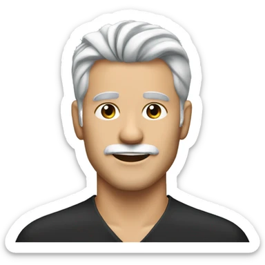 a slim man in 40s with gray hair and trimmer white beard wearing black polo shirt sticker