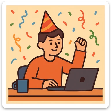 flat toon style person at desk with party hat, confetti in background sticker