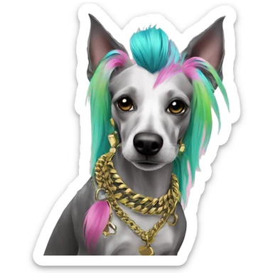 Punk tropical Chinese crested dog neon rainbow cyan green pink hair gold chain punk piercings tattoos punk ear piercings sticker