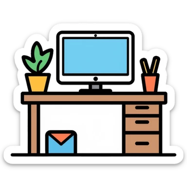Clean and organized workspace desk with a computer monitor and a small potted plant, minimal clutter, organized office supplies sticker