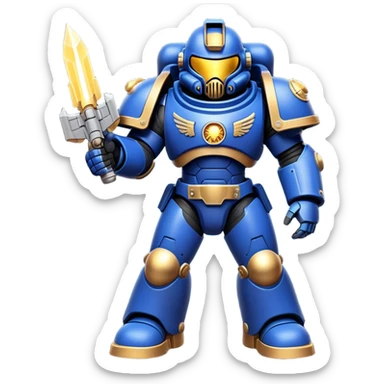 Clash of Clans aesthetic: Cinematic Playful Space Marine Hero Emoji, rendered in a 3D vector-style similar to standard emojis with minimal shading and bold, simplified shapes. A compact, heroic isometric figure clad in futuristic power armor with signature energy accents, softly glowing with a cosmic battle charm. Simplified yet unmistakably iconic, highly detailed and consistent, glowing with a soft radiant shine and high gloss. Stylized with a touch of interstellar valor and a soft glowing outline, capturing the essence of an elite space warrior with a friendly, playful manner! sticker