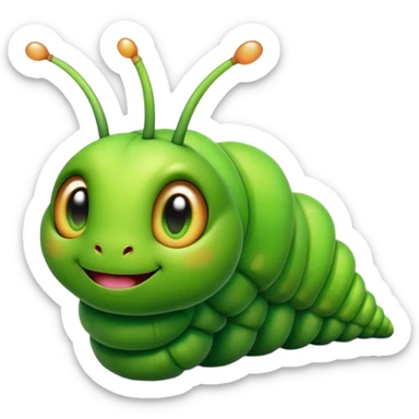 Cinematic Realistic Cute Caterpillar Portrait Emoji, Head tilted playfully and inquisitively, featuring a compact, segmented body in bright, vibrant green with delicate, inviting textures and a charming, rounded face with sparkling eyes full of curiosity, rendered with lifelike detail and natural highlights, high shine, affectionate and spirited, styled with a touch of garden whimsy, soft glowing outline, capturing the essence of a mischievous yet lovable caterpillar that seems poised to crawl cheerfully into your arms! sticker