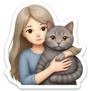 A long-haired girl hugs a British shorthair cat with a brown gradient to light yellow color sticker
