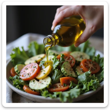 close-up of a hand pouring extra virgin olive oil on a fresh vegetable salad, Mediterranean atmosphere, realistic details, blurred background sticker
