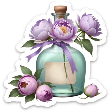 "An antique glass bottle, its surface weathered by time, cradles a loose arrangement of pastel purple peonies with petals as soft as whispered secrets. A hand-dyed silk ribbon in muted lilac cascades down the neck of the bottle, its frayed edges telling a story of elegance and age. Sunlight streams through the glass, casting delicate, shifting silhouettes of petals onto the embroidered lace below, as if nature itself had painted a moment of quiet grace."






 sticker