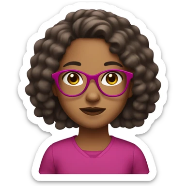 Girl with long curly black hair and brown skin and dark brown eye color and small fuchsia round glasses  sticker