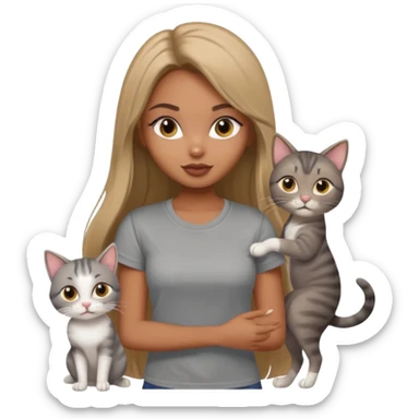 a pretty bratz dusky girl with long straight hair playing with 2 cats nd wearing a grey tshirt sticker