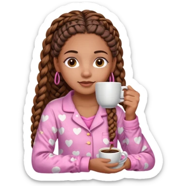 Create a mixed-skin girl with long brown African braids (french curls), brown eyes and beauty spots on her face, drinking coffee and wearing pink pajamas. sticker