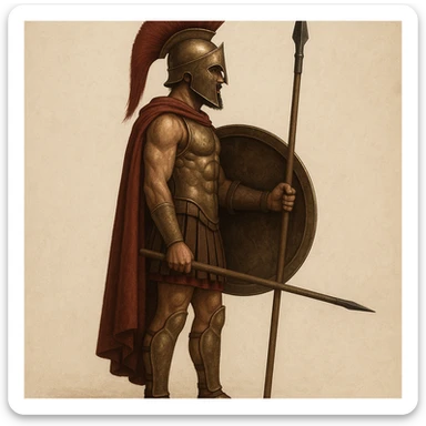 side view of spartan armor, holding shield and spear sticker