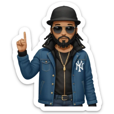 African American man with shoulder length black dreadlocks and black beard with black sunglasses wearing a black bubble winter coat with denim skinny jeans and timberland boots and a black New York Yankees baseball hat pointing finger sticker